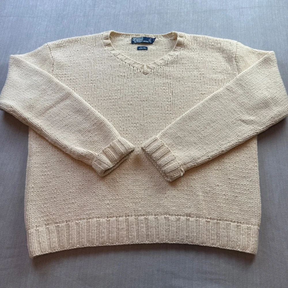 Polo Ralph Lauren Hand Knit Wool Sweater XL Cream V-Neck Chunky Italian Yarn